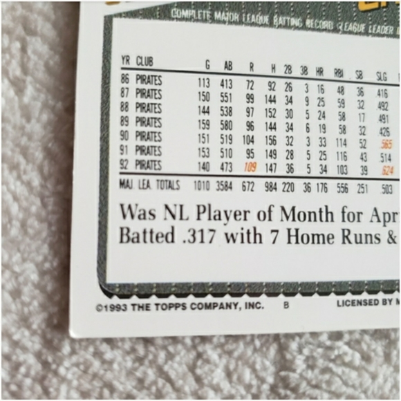 1993 Topps Barry Bonds Pittsburgh Pirates #2 Card - Picture 8 of 11